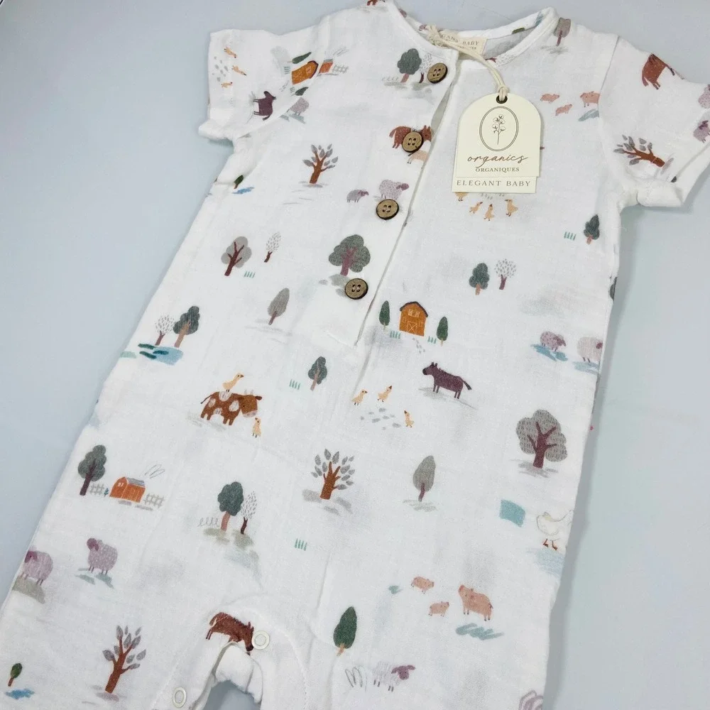 Elegant Baby‎ Kids 6-9M Cream Farm Animal Romper NEW Organic Cotton Muslin Barn